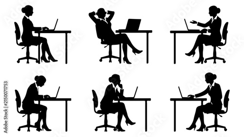 Set of business woman silhouettes working at office desk vector illustration