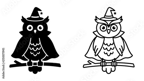 Halloween Owl Icons: A pair of stylized owl illustrations, one solid black silhouette and the other an outline drawing, both adorned with witch hats and capes, perch on a branch.
