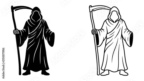 Bild auf Leinwand Grim Reaper Iconography: Two stylized depictions of the Grim Reaper, one in solid black and the other as an outline, stand ready with their scythes, symbolizing mortality and the passage of time