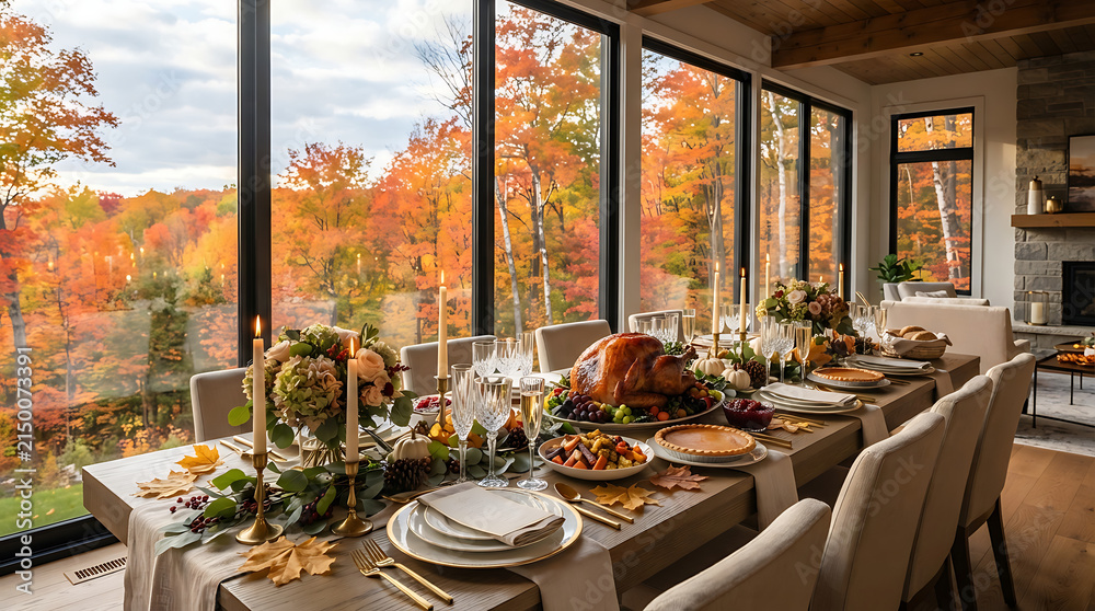 Fototapeta premium Elegant Thanksgiving Dining Table Set for Autumn Celebration with Scenic Window View