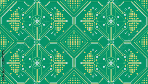 Seamless electronic circuit board pattern design with microchip tracks on green background