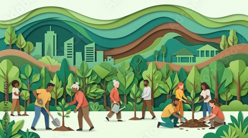 Community Planting Miyawaki Urban Forest Papercut Vector Background