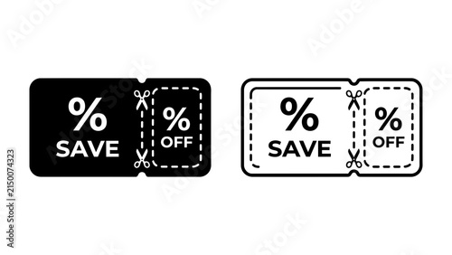 Bild auf Leinwand Discount Coupon Icons: A pair of stylized discount coupon icons, one solid black and the other outlined, representing savings and special offers with perforated edges for tearing