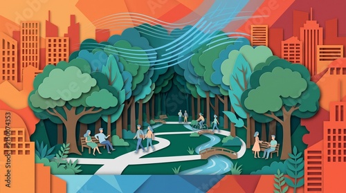 Illustration in paper art style showing a city park acting as a cooling canopy corridor against urban heat, save the world idea, abstract vector background. Layered papercut design