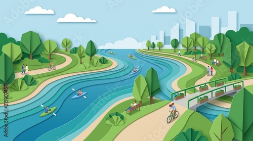 A restored urban river flowing through a sustainable city park. The dynamic, layered papercut water waves create a strong sense of movement and ecological renewal. Fictional citizens are portrayed