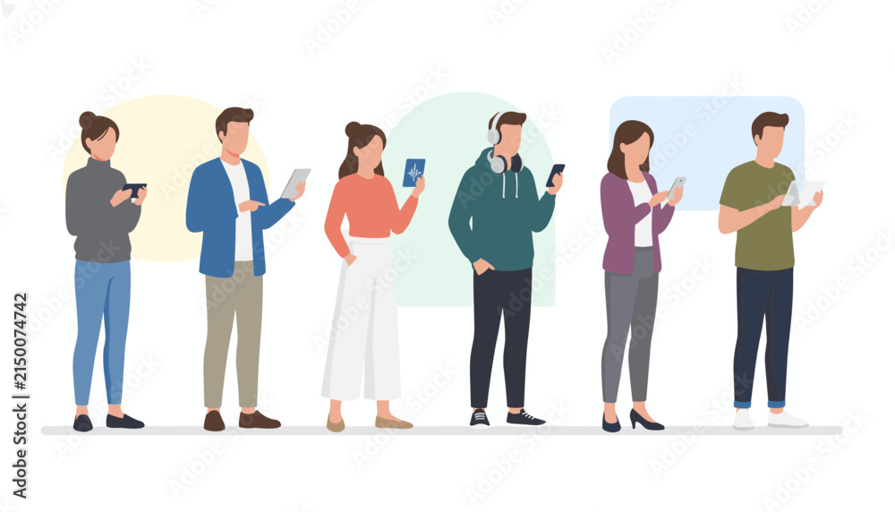 Obraz premium Row of young people using various mobile devices and smart gadgets while standing