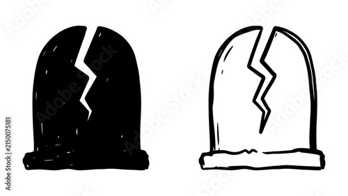 Obraz na płótnie Cracked Tombstone Icon: A stark, hand-drawn illustration of two cracked tombstone icons, one solid black and the other outlined, symbolizing grief, loss, or remembrance