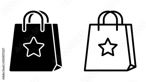 Shopping Bag Iconography: A minimalist graphic design featuring two shopping bags, one solid black and the other a white outline, both adorned with a prominent star motif.