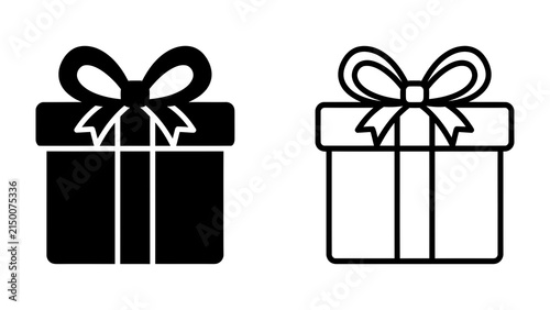 Gift Box Icon: A simple, clean icon representing a gift box with a ribbon and bow, available in both solid black and outline versions, perfect for design elements and e-commerce.