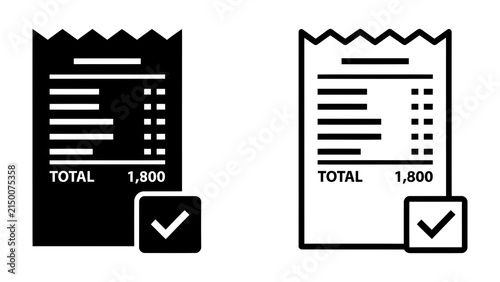 Receipt icon with checkmark: Two stylized icons represent a receipt, one solid black and the other outlined, both featuring a total amount and a prominent checkmark.