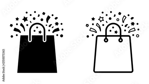 Celebration Shopping Bags: A pair of shopping bags, one solid black and the other an outline, burst with confetti and stars, symbolizing a joyful shopping experience or a special promotion.