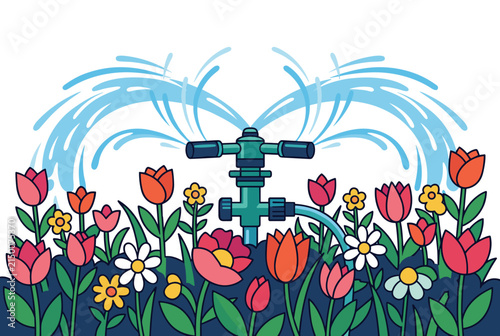 Garden sprinkler watering colorful tulips and daisies in flower bed concept of automatic irrigation and spring gardening