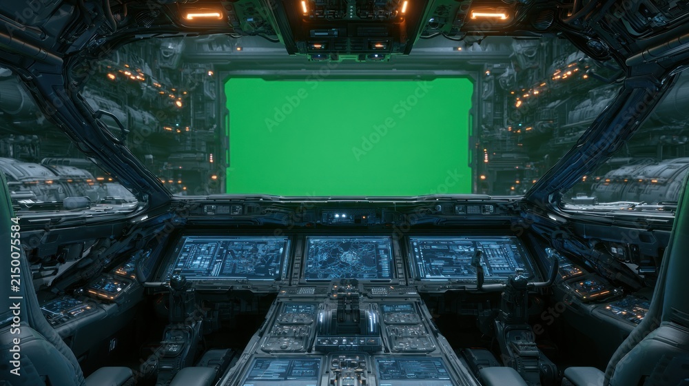Fototapeta premium Futuristic spaceship cockpit with green screen view and complex control panels