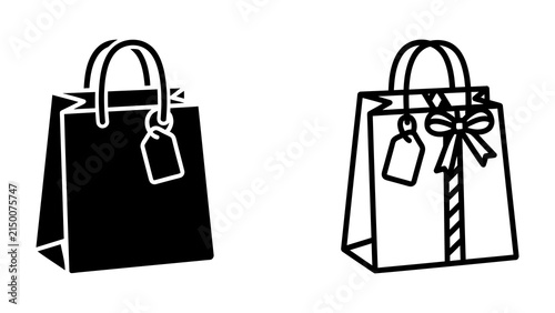 Gift Bag Icons: A set of two stylized icons representing gift bags, one solid black and the other an outline with a bow and tag, symbolizing shopping and presents.