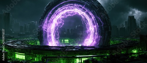 Futuristic portal with electric purple energy opens in a dark neon lit cyberpunk cityscape