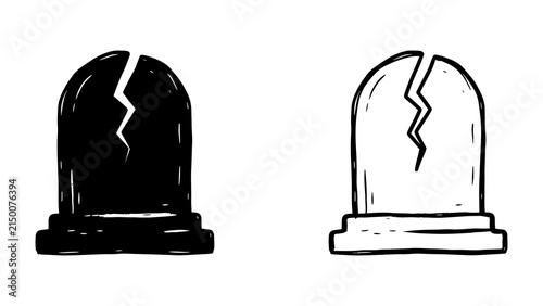 Obraz na płótnie Broken Tombstone Illustration: Two crudely drawn tombstone icons, one black and one white, both featuring prominent cracks, convey a sense of decay and loss