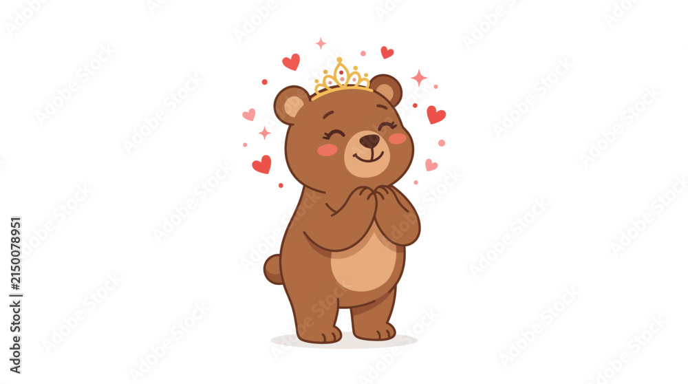 Fototapeta premium Cute Bear Princess Crown Hearts Isolated Transparent Background