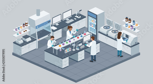 Laboratory researchers perform chemical experiments and analysis using advanced scientific equipment and glass vials in a modern clinical setting.