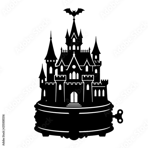 Foto Spooky Halloween music box vector silhouette, gothic haunted castle with bat, cr