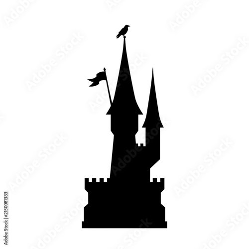 Foto Gothic castle silhouette with raven and flag, spooky medieval fortress vector, d