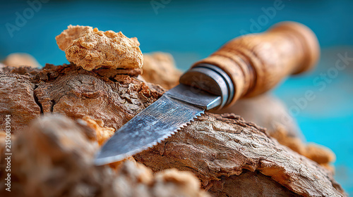 Closeup serrated pruning knife blade detail on rough bark for gardening tool showcase and rustic outdoor craft demonstration