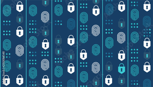 Seamless pattern of fingerprints and padlock icons representing biometric security and data privacy