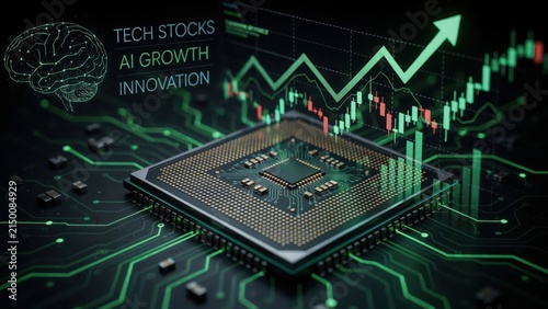 A computer processor chip on a circuit board with glowing green lines and an upward stock market trend chart representing artificial intelligence
