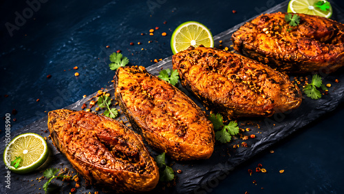 Amritsari fish pieces in a bold diagonal layout, crispy golden coating and lime slices, dark navy background