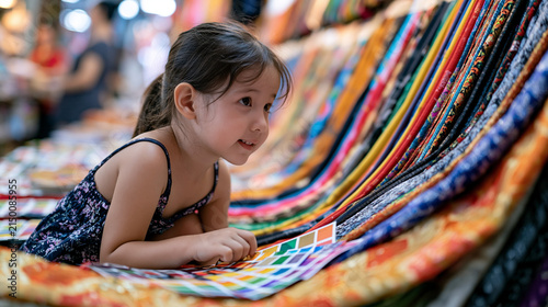 A child crouches at eye level among vibrant textile market stalls overflowing with swatches and samples, fascinated by a color consultant spreading seasonal palette fans across draped fabrics, chrom