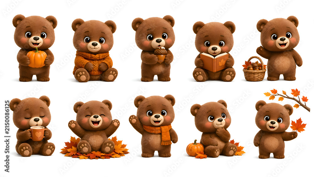Fototapeta premium Cute Baby Brown Bear Autumn Mascot Collection, 3D Cartoon Character Set with Cozy Fall Accessories on White Background