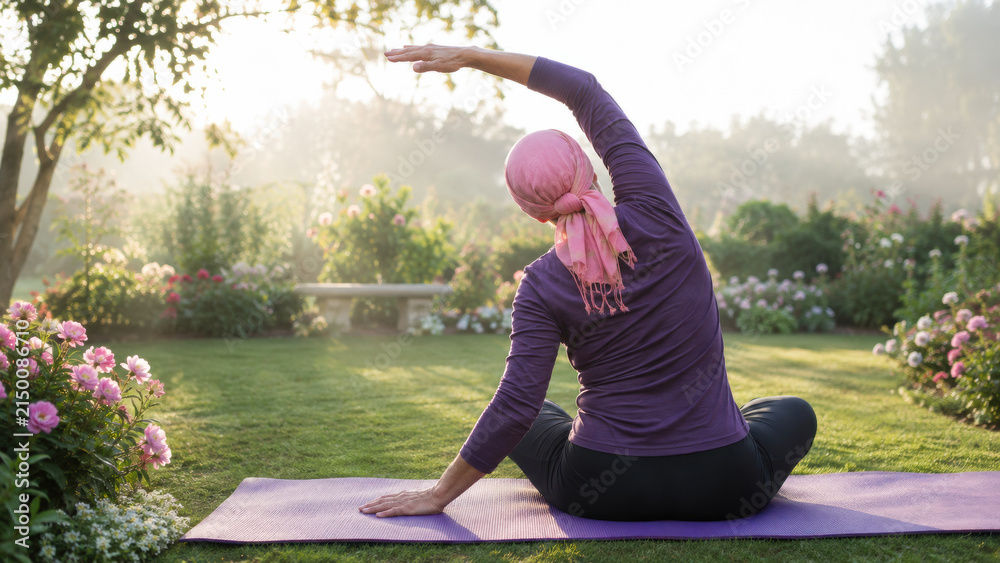 Fototapeta premium Woman practicing a gentle yoga stretch outdoors in a peaceful garden setting. Breast cancer recovery wellness concept.