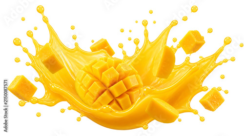 A juice splash and mango pieces isolated on transparent background