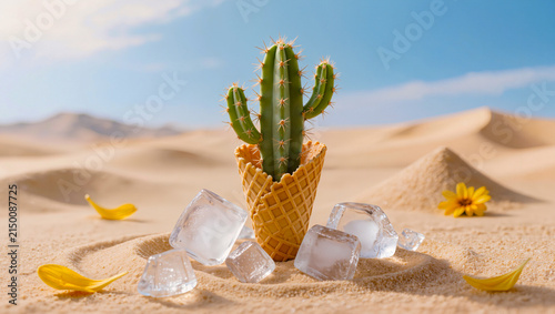 Cactus in Ice Cream Cone with Ice Cubes on Desert Sand