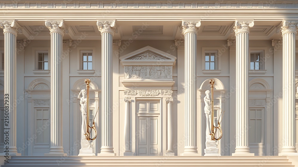 Obraz premium Elegant Neoclassical Entrance of a Music Conservatory with Majestic White Columns and Artistic Golden Harp Sculptures for Classical Arts