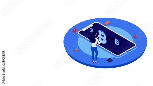 Isometric 3D vector illustration of a woman interacting with bitcoin symbols on a smartphone screen. Concept of cryptocurrency trading, mobile banking, digital finance, and online investment.