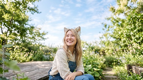 爽やかな朝のガーデンで微笑む猫耳の若い女性と青空のコピースペース