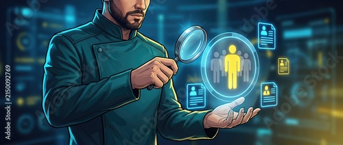 A digital analyst closely inspecting data with a magnifying glass highlighting the advancements in technology and innovation within the field of data analysis and user profiling.