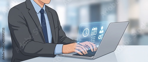 Business professional using laptop with futuristic interface in modern office setting showcasing technology and innovation in the workplace environment