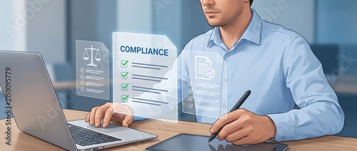 Business professional focused on compliance paperwork utilizing a laptop and tablet to demonstrate contemporary technology and effective data management in a modern office setting