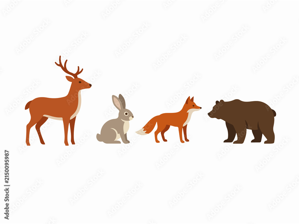 Obraz premium Group of four different wild animals including a deer a rabbit a fox and a bear in natural habitat