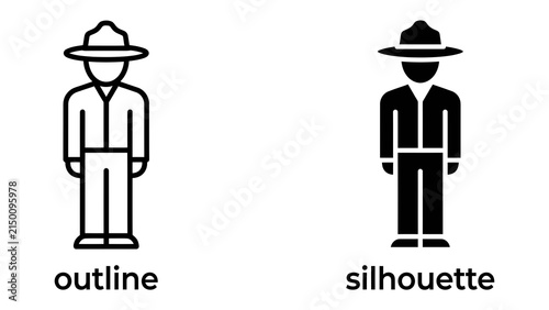 Konstfotografi Ranger Icon Set: A comparative visual featuring two stylized representations of a ranger figure, one presented as an outline and the other as a solid silhouette