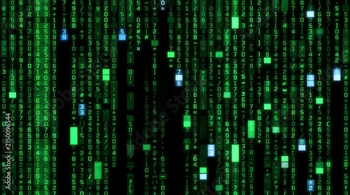 Obraz w ramie Green digital rain with blue highlights and binary code