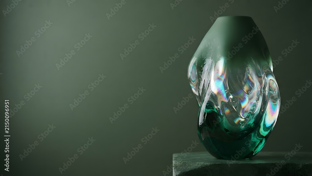 Obraz premium Sculptural green glass vase with rainbow refractions against a muted green background