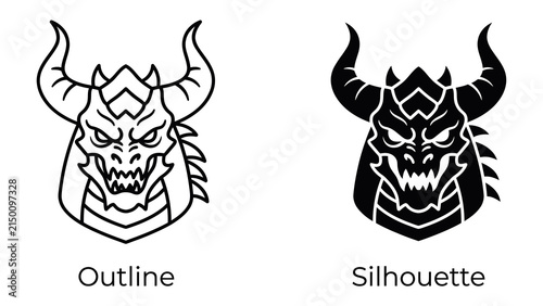 Dragon Head Outline and Silhouette: A graphic illustration showcasing a fierce dragon head in both outline and solid silhouette forms, representing power and fantasy.