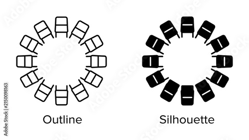 Konstfotografi Circular Arrangement Comparison: Two arrangements of stylized chairs, one in outline and one in silhouette, are displayed in a circular formation, representing concepts of order, design
