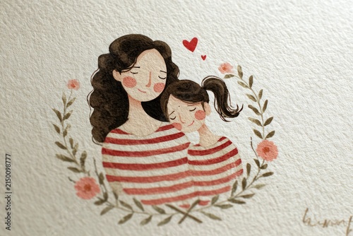 Watercolor Mother and Daughter Hugging with Floral Wreath