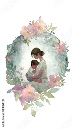 Mother and Child in Soft Floral Wreath Watercolor Illustration