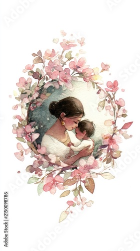 Mother and Child in Soft Floral Wreath Watercolor Illustration