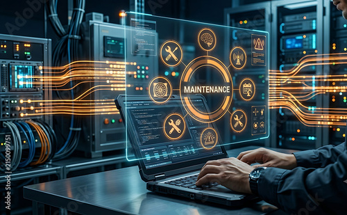 A cinematic futuristic industrial technology workspace focused on predictive maintenance and smart infrastructure. skilled technician is seated at modern workstation, hands typing on a laptop