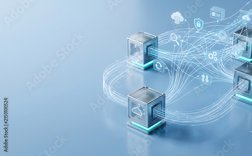 A premium futuristic 3D visualization of interconnected cloud infrastructure and digital services on a sleek soft-blue surface. Three elegant metallic glass cubes act central technology 